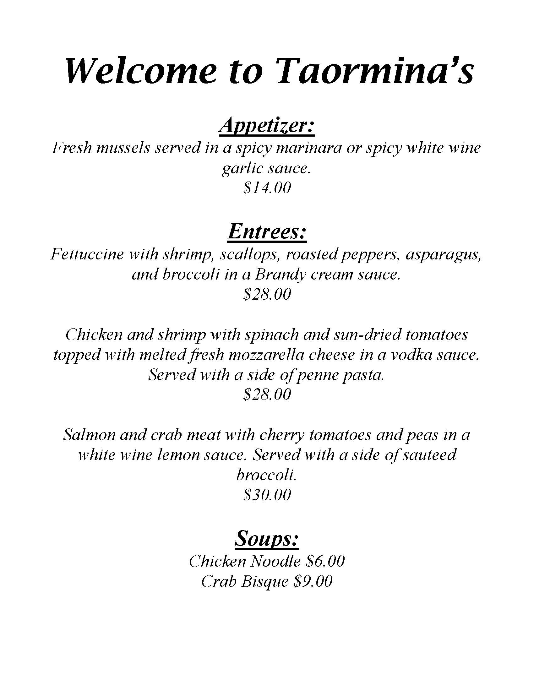 A menu with the words welcome to tamirini's.