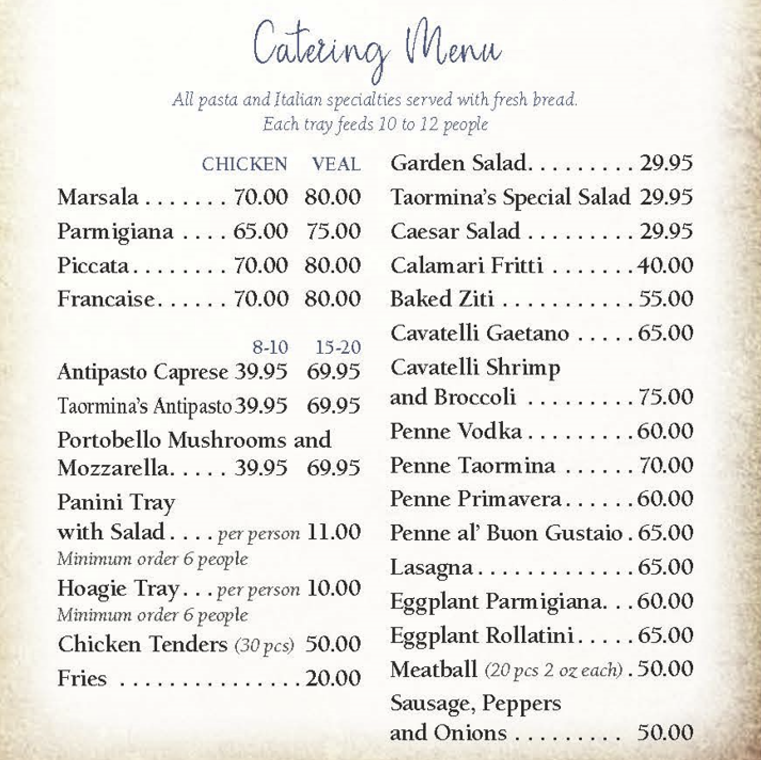 Taormina's Catering Menu