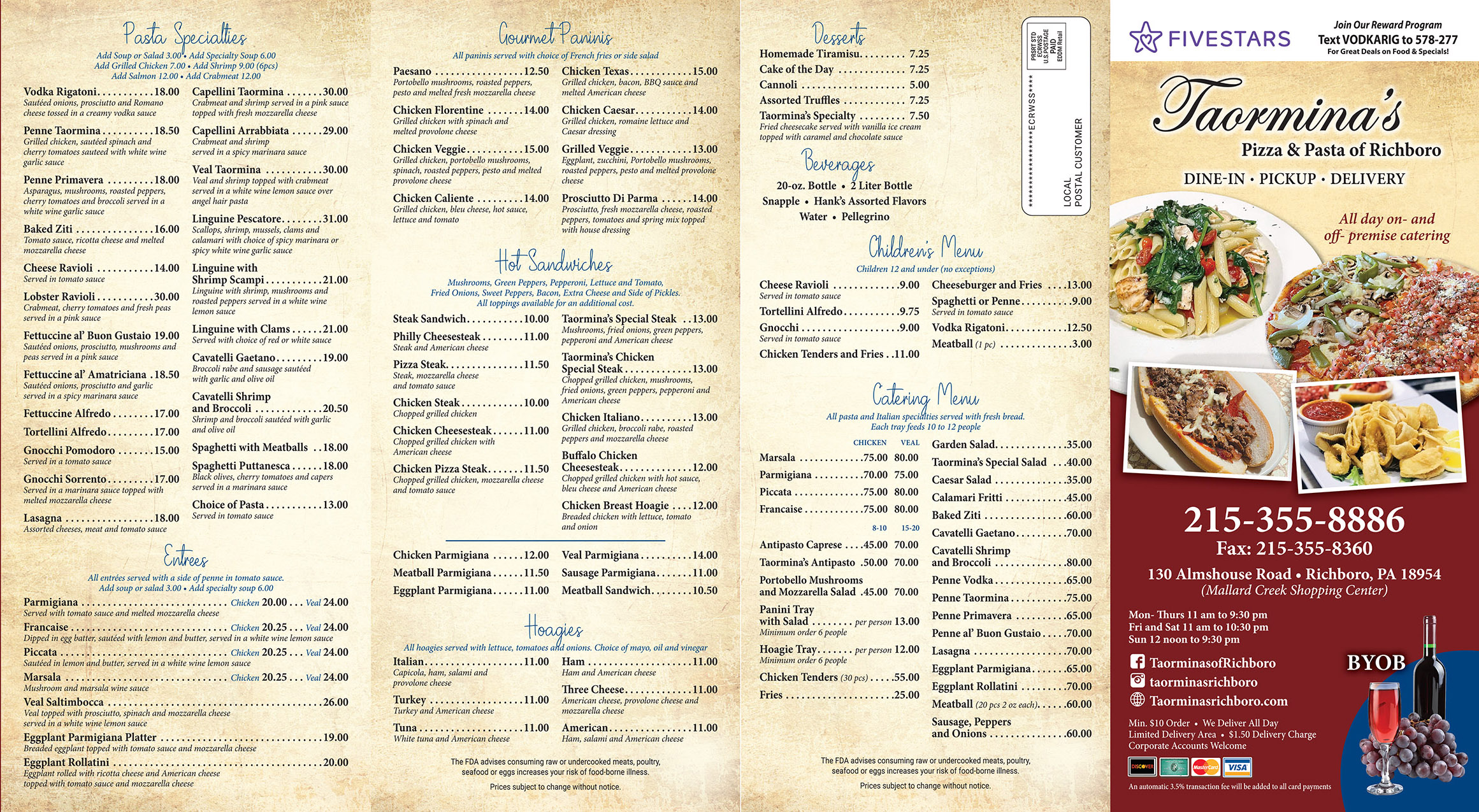 Menu of Taormina's Pizza & Pasta of Richboro featuring pasta specials, gourmet paninis, hot sandwiches, hoagies, grinders, wraps, salads, sides, and a children's menu. Dine-in, pickup, and delivery.