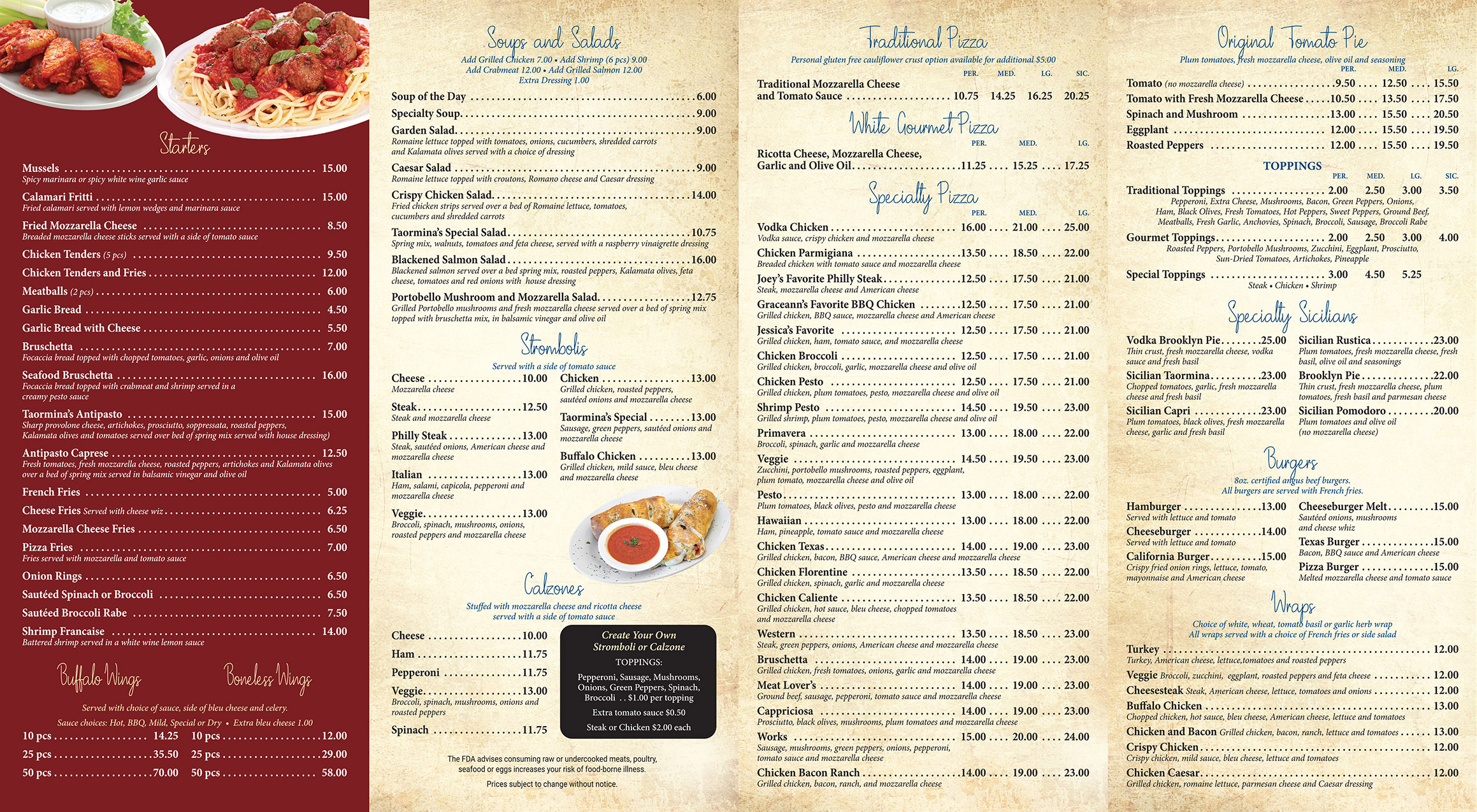 A restaurant menu featuring sections for starters, wings, soups, salads, pizza, stromboli, calzones, pasta, and specialty selections with various dish names and prices listed.