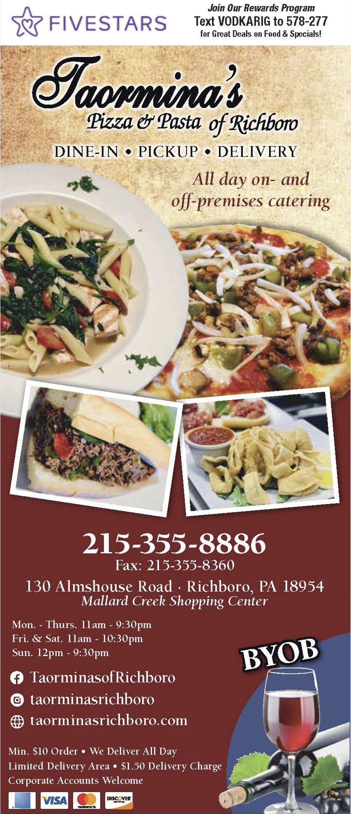 A flyer for taverna's pizza and bbq.
